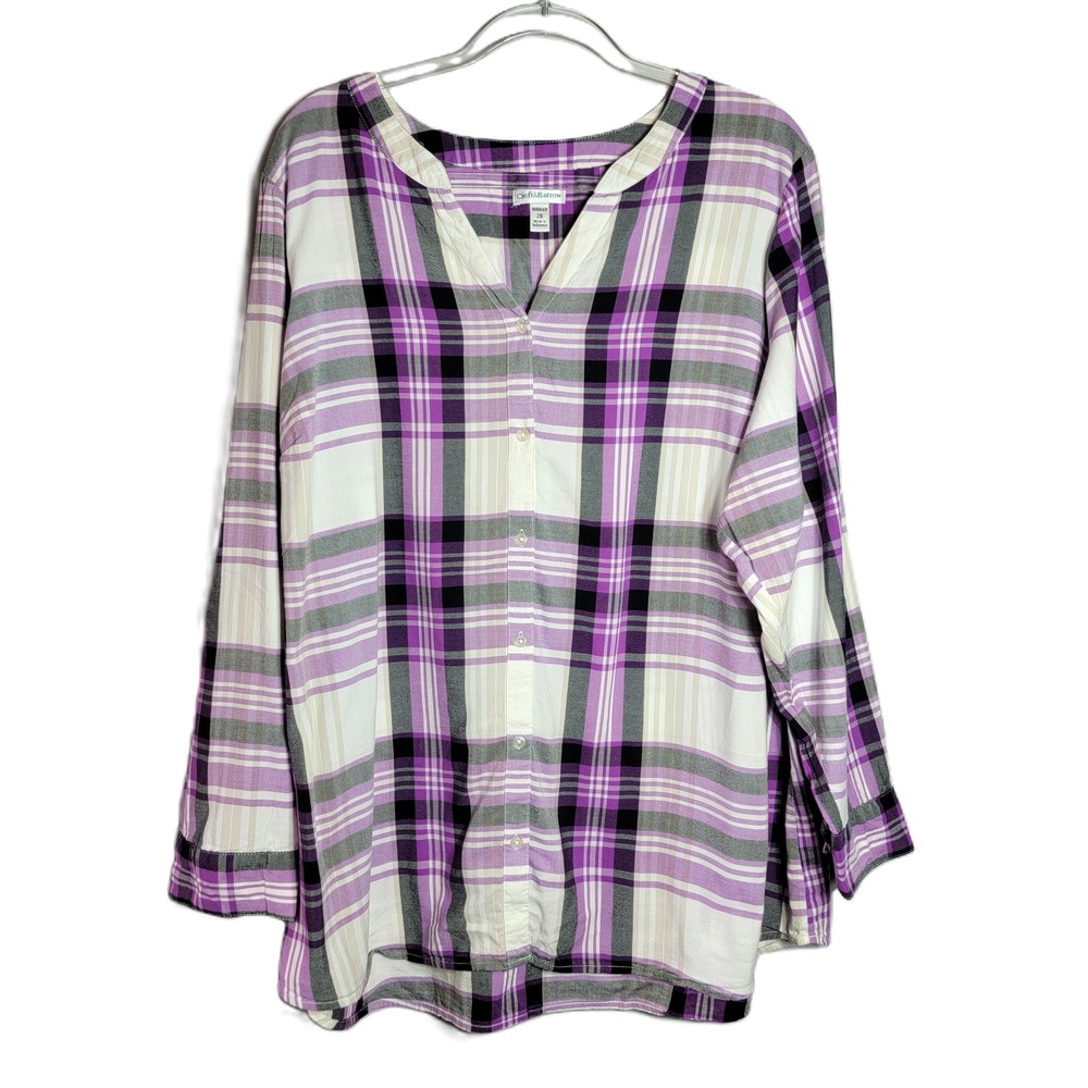 Croft & Barrow Womens 2X Purple Plaid Split Neck Roll Tab Sleeve Blouse